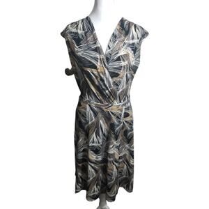 212 Collection Faux Wrap Midi Dress Size XS Black Gold Botanical Print Bodycon